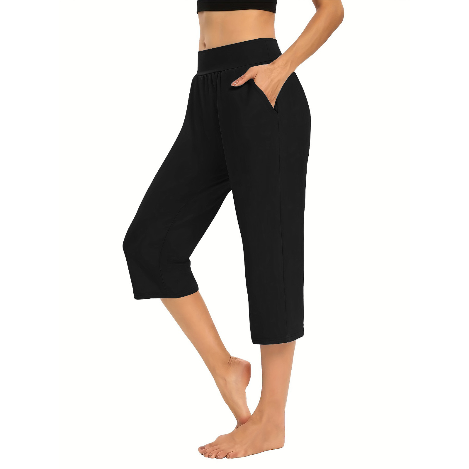 TrendVibe365 Pull on Capris for Women Workout Trousers Stretchy Yoga Capris Running Mid Waisted Straight Leg Pedal Pushers Capris Pants Casual Pull on Elastic Waistband Trousers w Pockets Comfy 2024